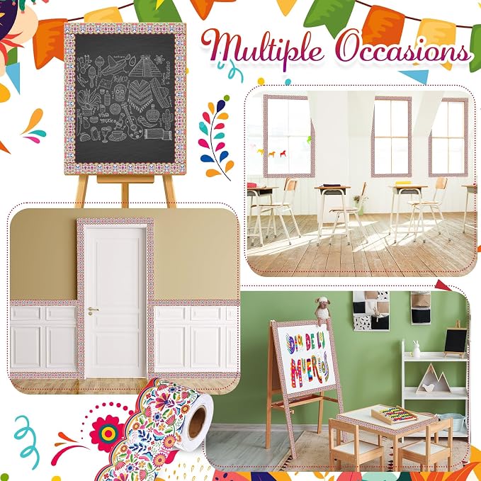 32.8 Ft Spanish Bulletin Board Borders Mexican Scalloped Trim | Fiesta Trim for Classroom Office, Hispanic Heritage Displays, Rainbow Floral Scalloped Edge, Party Wall Decoration Supplies