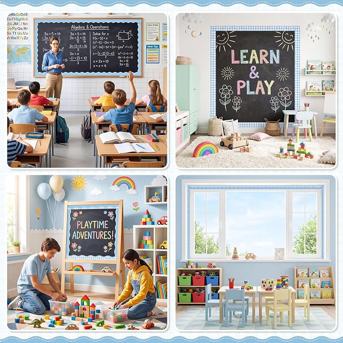 2 Rolls 65.6ft Dusty Blue Gingham Bulletin Board Borders Decoration Blue Checkered and Straight Edge Bulletin Borders Board Trim for Office School Classroom Chalkboard Party Decoration