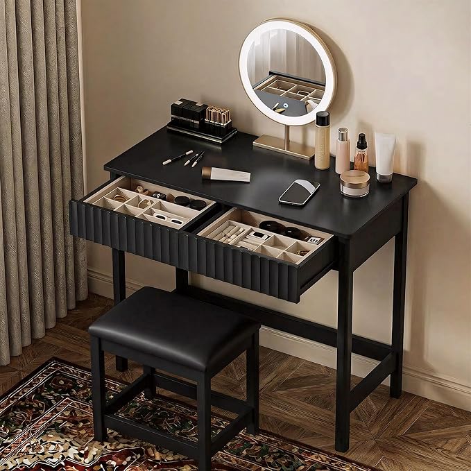 ChooChoo 40 Inch Modern Desk with Drawers, Makeup Vanity Desk with Padded Stool, Small Home Office Desk for Bedroom, Black