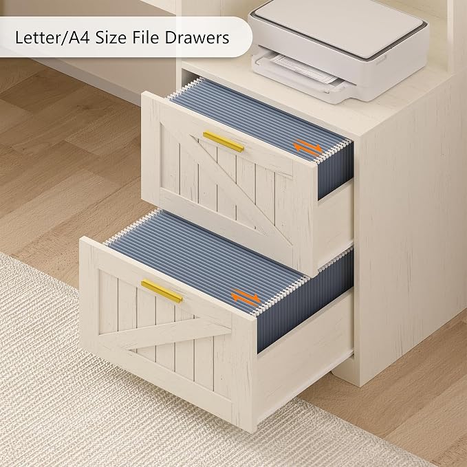 63" Farmhouse L Shaped Desk with Drawers and Printer Stand for Home Office | Computer Desk with Power Outlet, Home Office Desk with Storage Shelves and Monitor Stand, White