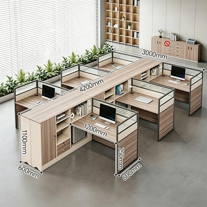 Modern Office Workstation Desk with Side Storage Cabinet, Tempered Glass Privacy Panels, USB Charging Hub & Cable Management, Modular Cubicle Desk for Office Work (B - Left, 6P)