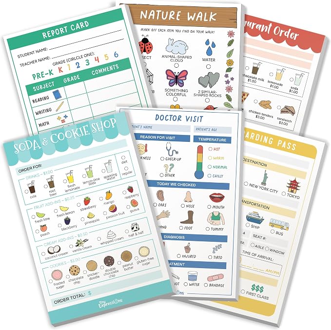 Pretend Play Notepads - 6-Pack Kids Play Pads | 40 Pages Each of Restaurant, Doctor, Boarding Pass, Report Card, Nature Walk & Soda Shop for Imaginative Role Play