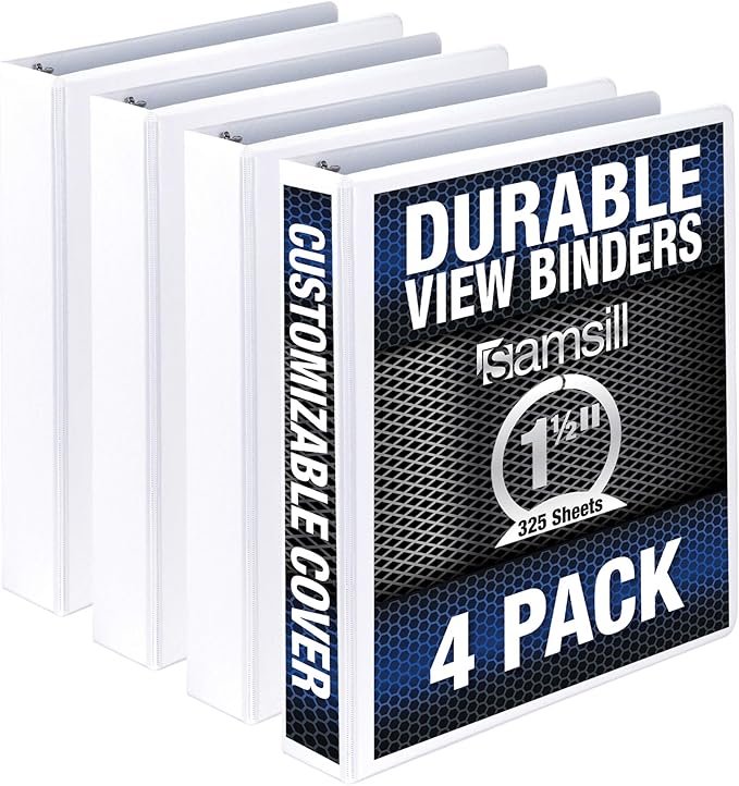 Samsill 4 Pack Durable 1.5 Inch 3 Ring Binders, Round Ring, Clear View Cover for Presentations, White