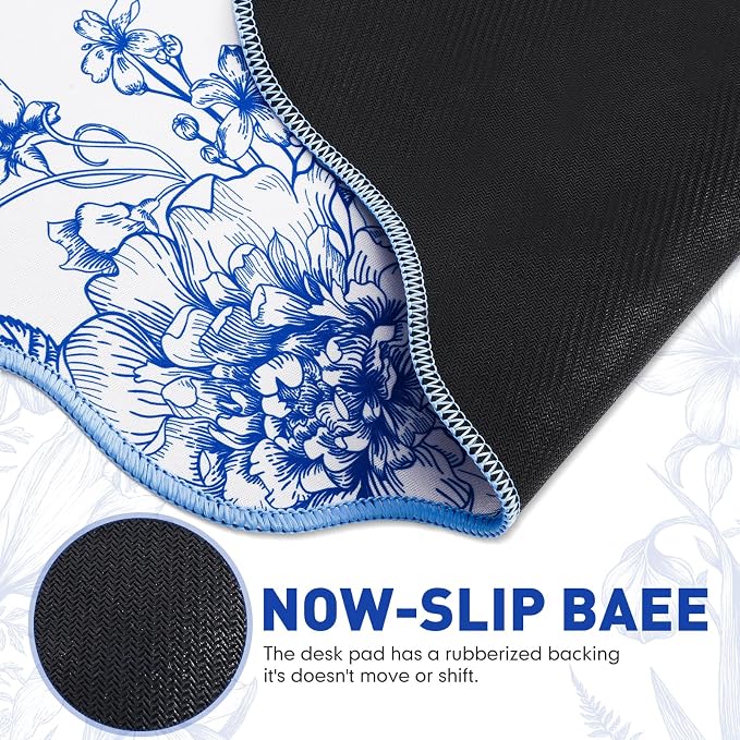 Kingdder Scalloped Floral Desk Mat Large Chinoiserie Mouse Pad Blue White Floral Desk Pad 31.5" x 15.7" Aesthetic Girly Vintage Keyboard Computer Laptop Mat for Dorm Home Office Gaming Decor