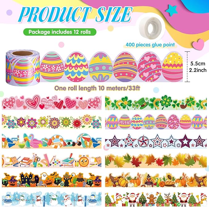 Geyee 12 Rolls 394 ft Holiday Bulletin Board Borders Seasonal Bulletin Board Decorations Easter Summer Trim for School Classroom Wall Decor