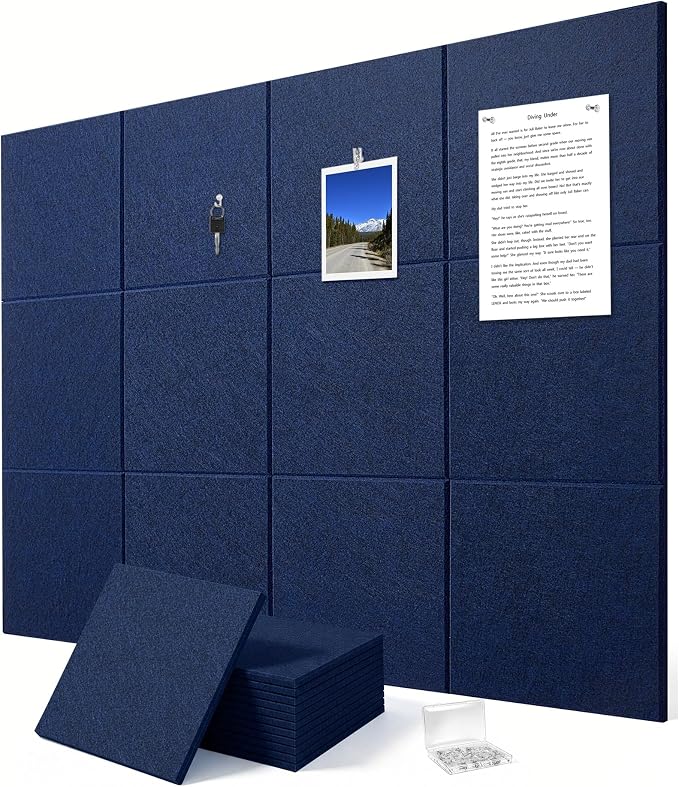 Felt Wall Tiles Bulletin Board Large Cork Board Alternative 12 Pack 11.81”x11.81”x0.47” Felt Pin Board Tack Board with Safe Removable Adhesive Tabs for Home Office School 48x36(Dark Blue)