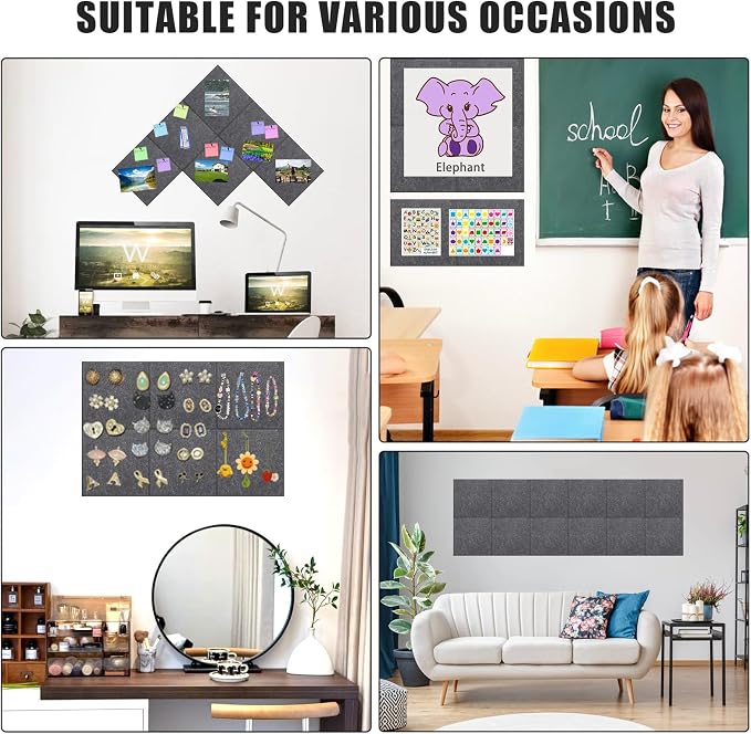 48" x 36" Felt Bulletin Board & Cork Board Alternative, Dark Gray | 12 Pack Removable Felt Wall Tiles with 30 pushpins, 60 Safe Adhesive Tabs, Pin Boards for Wall Decor, Home ,Office, Classroom
