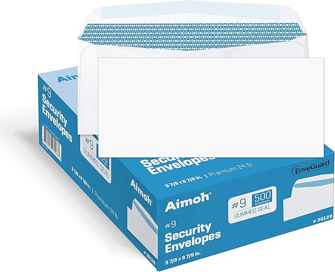 Aimoh 500#9 Security White Envelopes, GUMMED Closure, Premium Security Tint Pattern - No Window, EnveGuard, Size 3-7/8 x 8-7/8 Inches - White - 24 LB - 500 Count (30128)