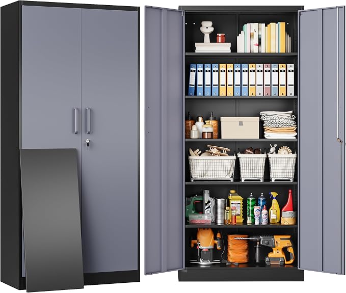 Metal Storage Cabinet with 5 Adjustable Shelves,Garage Storage Cabinet with Lock,Metal Cabinets with Locking Doors,71" Lockable Tool Cabinets for Home,Office,Shop,Garage