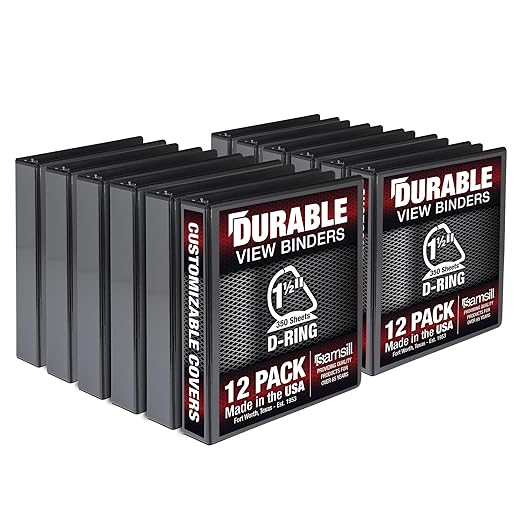 Samsill Durable 1.5 inch 3 Ring Binder, D Ring Binder, 100% Recycled Chipboard, Black, 12 Pack
