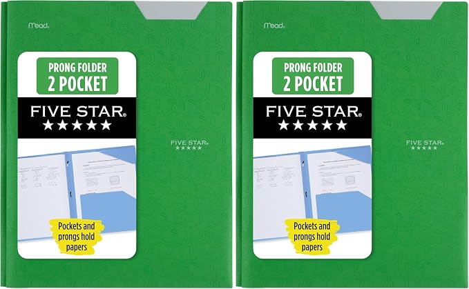 Five Star 2-Pocket Folder, Plastic Folder with Stay-Put Tabs and Prong Fasteners, Holds 8-1/2" x 11" Paper, Forest Green (72111) (Pack of 2)