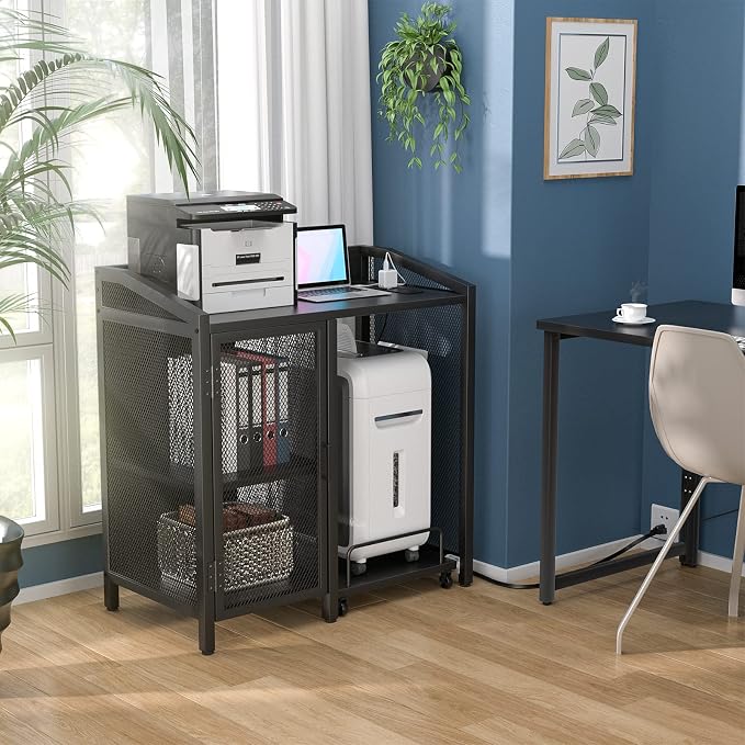 Unikito Large Printer Stand with Power Outlet and Storage Shelf, Black | Printer Table with Paper Shredder Stand On Wheel, File Cabinet with PC Tower Shelf and Adjustable Storage for Home Office