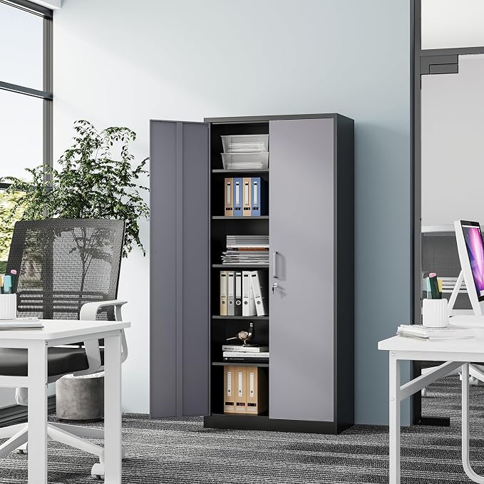 Fesbos Metal Storage Cabinet-72” Tall Steel File Cabinets with Lockable Doors and 5 Adjustable Shelves-Black&Gray Steel Storage Cabinet for Home, School, Office, Garage