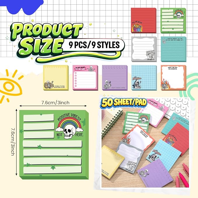 9 Pads Skeleton Sticky Notes, 3x3 Inch Cute Stick Notepads | Adhesive Memo Notes Pad, Coworker Gifts, Office Supplies Decor, Desk Accessories for Students, Teacher, Meeting
