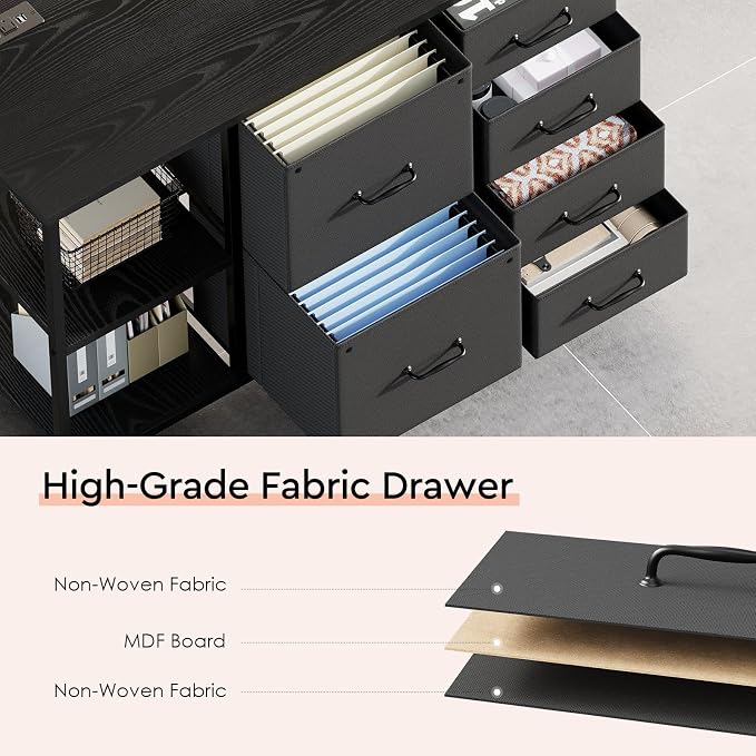 6 Drawer File Cabinet with Charging Station and Open Storage Shelf, Black