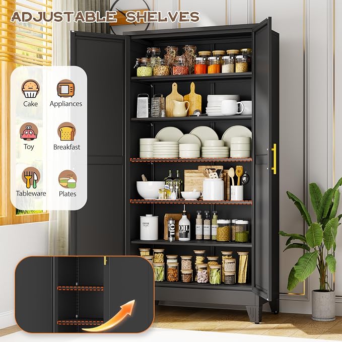 78.7" Tall Metal Pantry Cabinet, Freestanding Kitchen Storage Cabinet | with 2 Doors and 5 Adjustable Shelves, Versatile Storage Cupboard for Kitchen, Laundry, Dining & Utility Room, Black