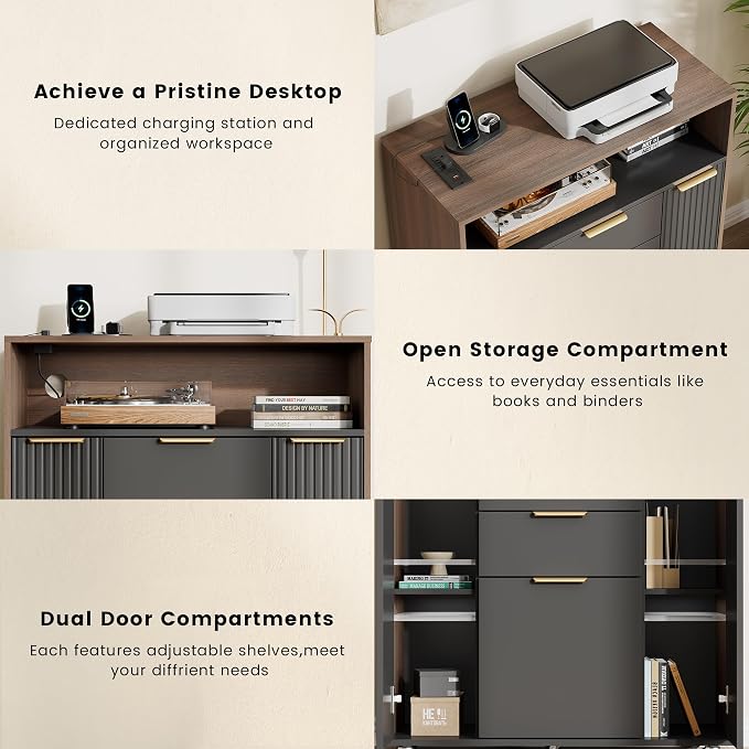 Fluted Mobile File Cabinet with Charging Station | 37" Rolling Storage Cabinet with 3 Drawers, Printer Stand with Wheels for Home Office, Black Walnut