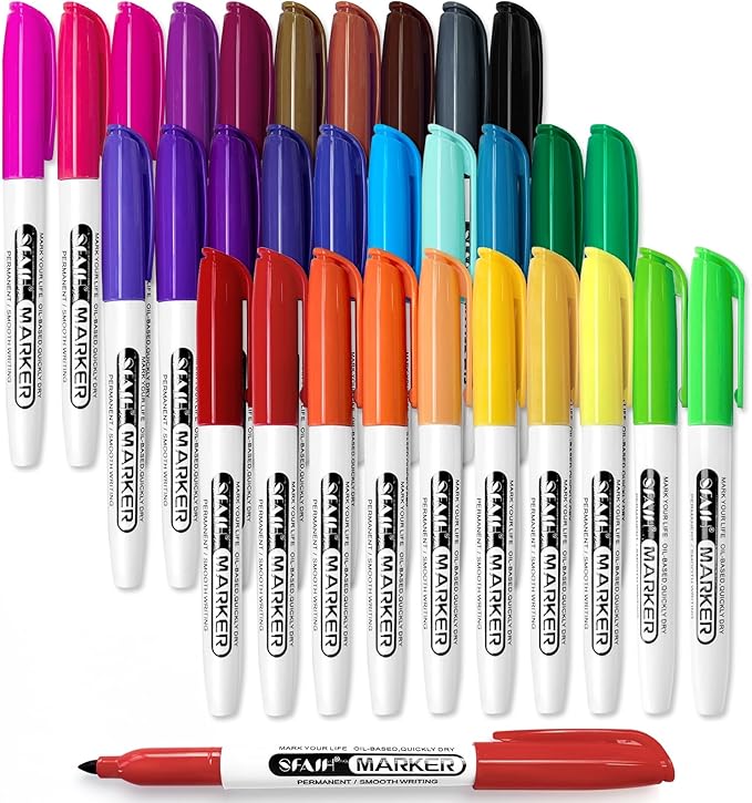 SFAIH 30 Colors Permanent Markers - Assorted Vibrant Colors, Quick Drying, Fade Resistant, Alcohol-Based Fine Point Permanent Markers for Paper, Plastic, Wood, Coloring, Drawing Doodling, Waterproof