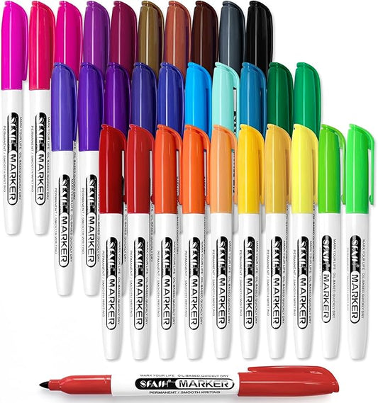 SFAIH 30 Colors Permanent Markers - Assorted Vibrant Colors, Quick Drying, Fade Resistant, Alcohol-Based Fine Point Permanent Markers for Paper, Plastic, Wood, Coloring, Drawing Doodling, Waterproof