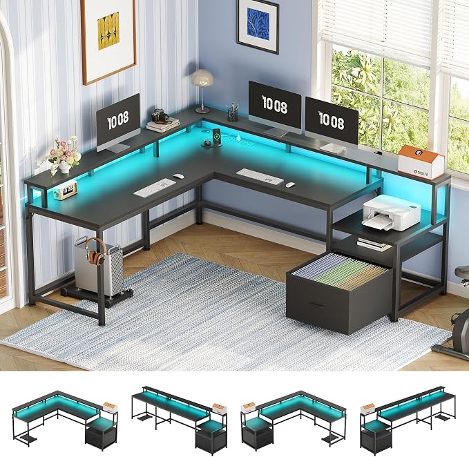 SEDETA 66" Reversible L Shaped Computer Desk with Power Outlet, File Drawer | Home Office Desk with Monitor Shelf, Storage Shelves, LED Lights for Corner Small Spaces, Gaming, Black