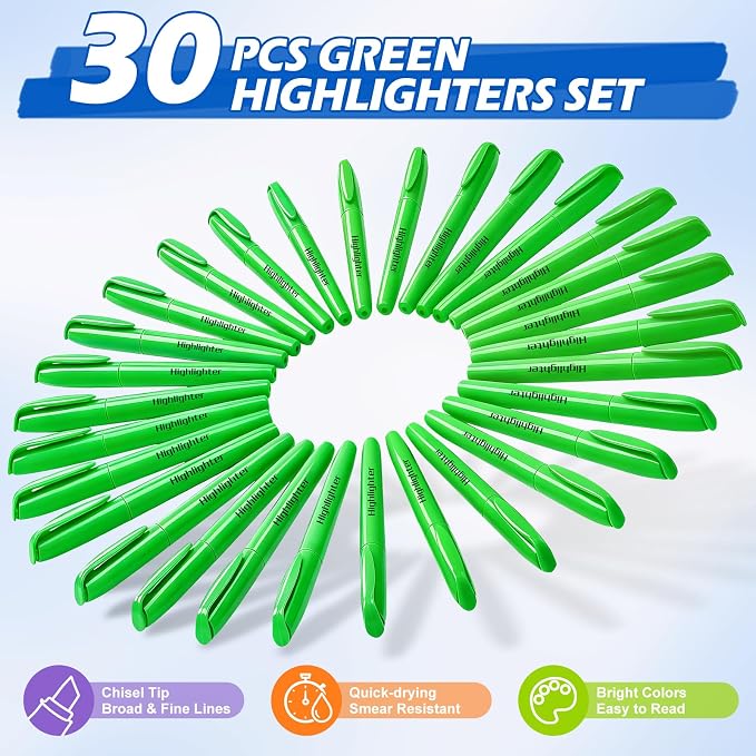 Duchong Highlighters, 30 Packs Green Highlighter Bulk, Chisel Tip Dry-Quickly No Bleed Highlighter Markers for Adults Kids, Office Classroom Must Have, School Supplies for Teachers