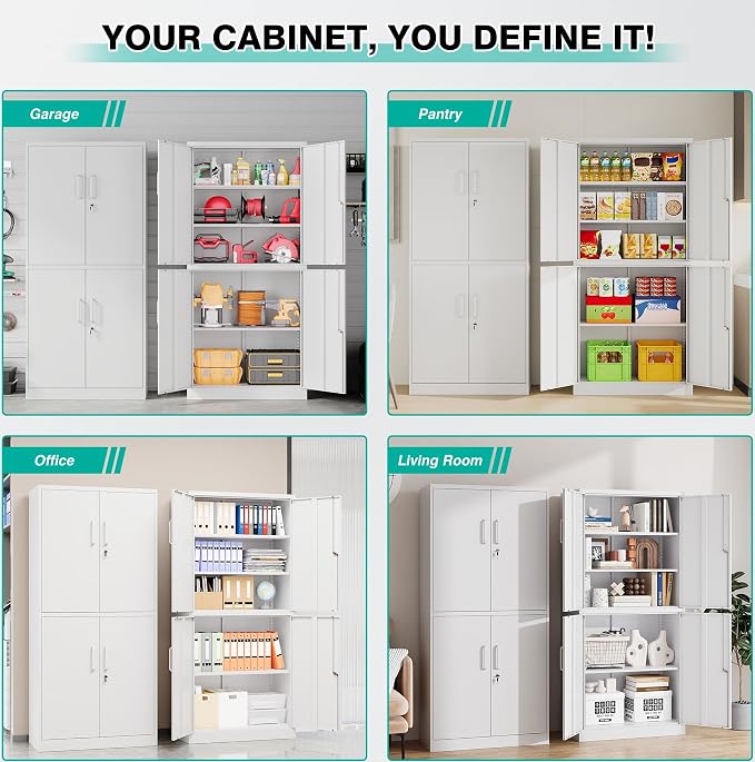 Metal Storage Cabinet with 3 Adjustable Shelves,Garage Storage Cabinet with Lock,White Metal Cabinets with Locking Doors,71" 4 Door Pantry Cabinet,Lockable Cabinets for Home,Office,Garage,Kitchen