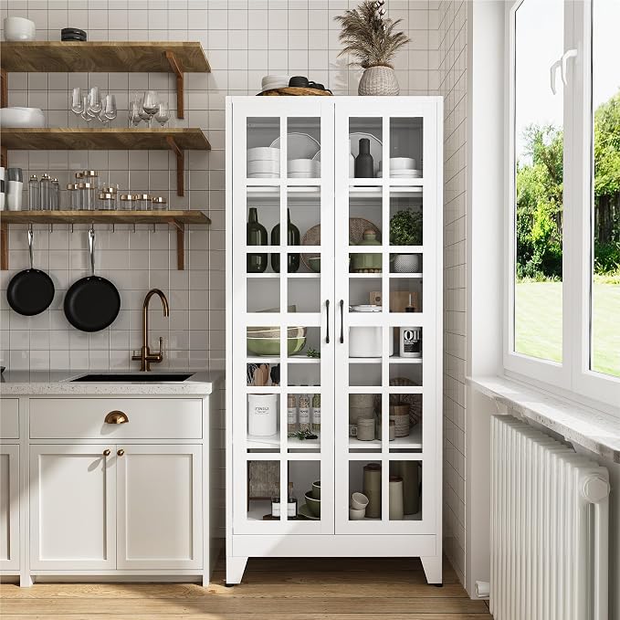 COFaR 71" White Glass Door Display Cabinet for Kitchen and Dining Room | 5-tier pantry and display cabinet with glass doors and 4 adjustable shelves for kitchen, dining room, living room or office.