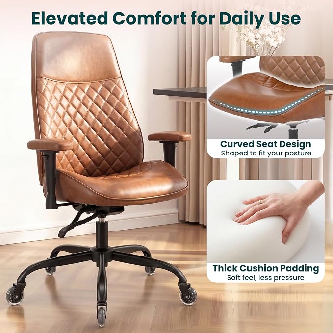 NEO CHAIR Brown Leather Office Chair with Ergonomic Design, Swivel Chair | Modern Computer Desk Chair with Lumbar Support, Adjustable Height Arms, Comfy Chair for Home Office, Smooth Rolling Design