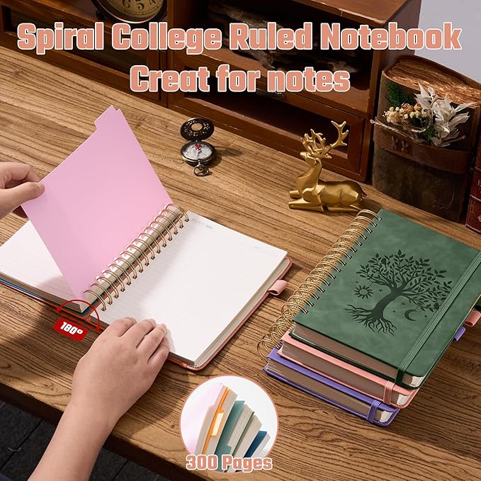 Hardcover Spiral Notebook 6.1" x 8.4" with 5 Removable Dividers 300 Pages Leather 5 Subject Notebook College Ruled 100GSM Large Spiral Notebooks for Work Thick Lined Journal for Women, Pink
