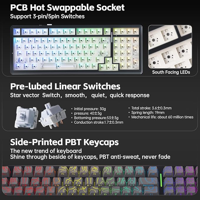 Aula F99 Keyboard Gaming,Wireless Mechanical Keyboards Creamy Sound | Computer Bluetooth Keyboard Full Size Hot Swappable RGB Backlit w/8000mAh Battery,Gradient Grey Tri-Mode BT/2.4GHz/USB