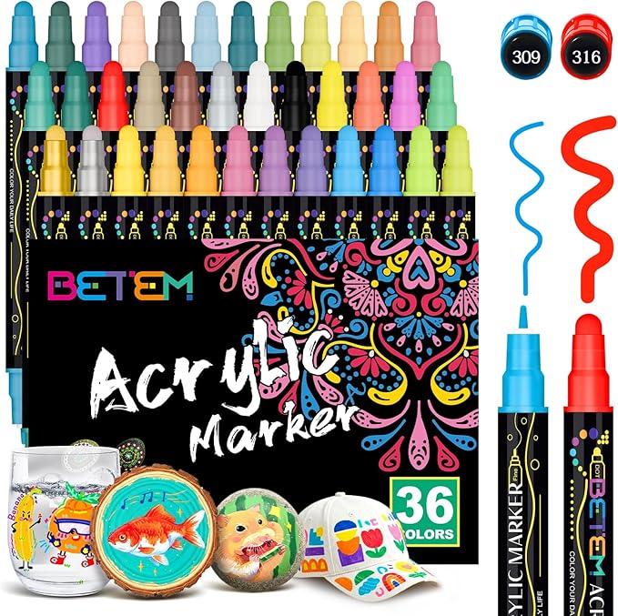Betem 36 Colors Dual Tip Acrylic Paint Pens Markers, Fabric Decorating Kits Premium Water-Based Acrylic Paint Markers for Fabric, Rock, Wood, Glass, Eggs, Canvas, Ceramic, Easter Basket Stuffers