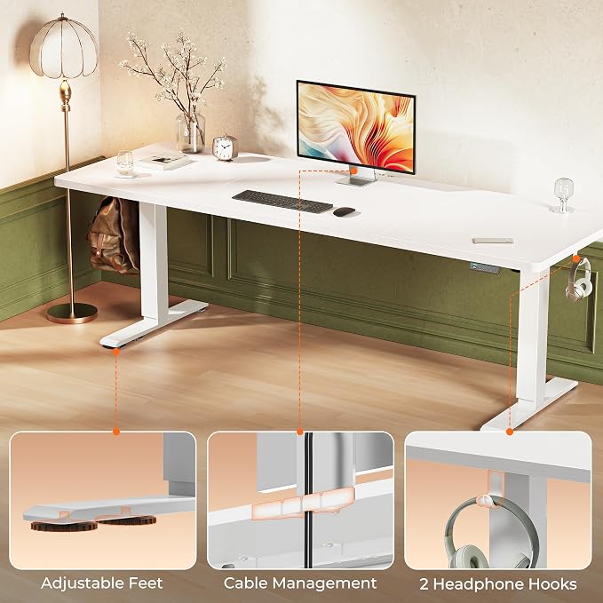 Huuger 78.7'' x 29.5'' Large Electric Standing Desk, Height Adjustable Computer Desk, 29.5" Deep Desktop, Stand up Gaming Office Desk with 2 Hooks, 3 Preset Heights, for Home Office, White