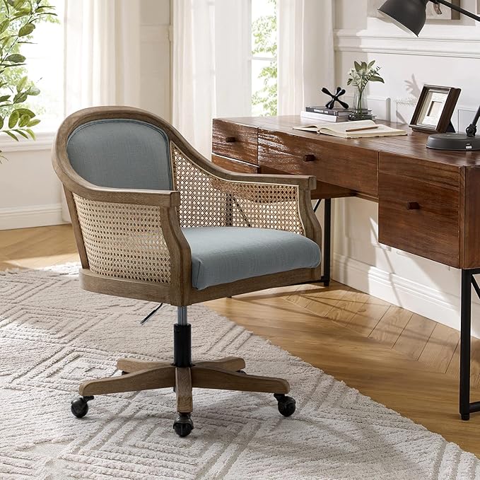 HULALA HOME Rattan Desk Chair, Upholstered Home Office Chair, Vintage Office Chair with Armrest, Adjustable Swivel Rolling Height Task Chair for Living Room Bedroom Study Room, Blue