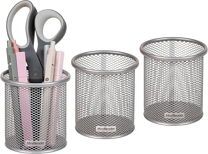 Mind Reader Pen and Accessories Holder, Desktop Organizer, Office, Metal Mesh, 3.5"L x 3.5"W x 3.75"H, Set of 3, Silver