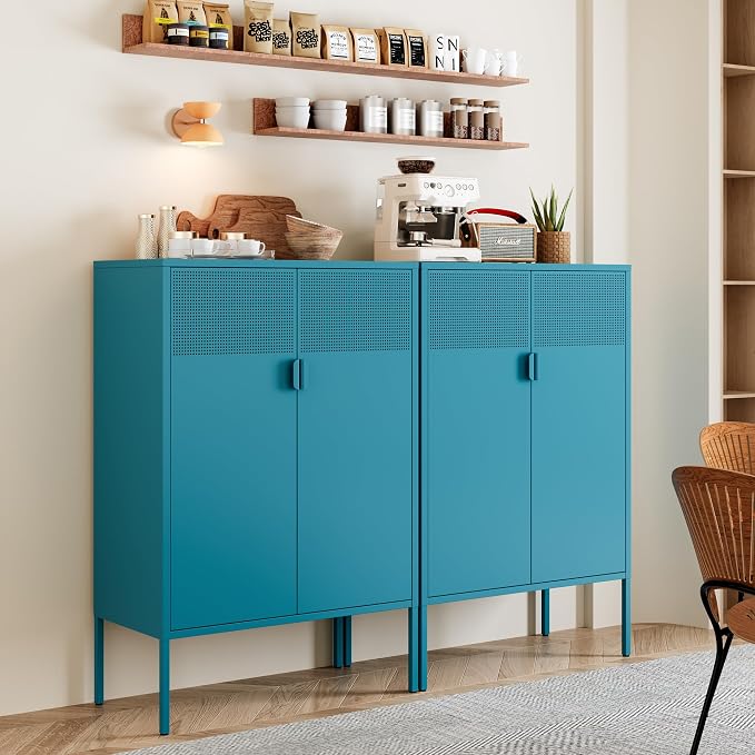Chshin Metal Storage Cabinet,Kitchen Pantry Storage Cabinets with Doors,Buffet Cabinet with 2 Adjustable Shelves,Blue Pantry Cabinets,Steel Sideboard for Home,Shoes,Office,Dining Room