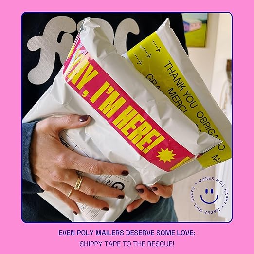 Decorative Packing Tape with Pink Dispenser – Yay I’m Here! Pink & Yellow, 1.88" x 22.2 Yards – Cute Printed Shipping Tape for Gifts, Small Business Essentials, and Mailers