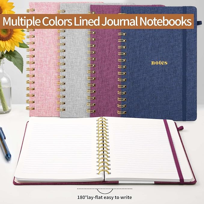 A5 Spiral Notebook, Fabric Hardcover College Ruled Journal | 100GSM Paper 160 Lined Pages, 5.7"x8.39" Steno Pads with Elastic Band & Pen Loop, for Work, School Note Taking (Pink)