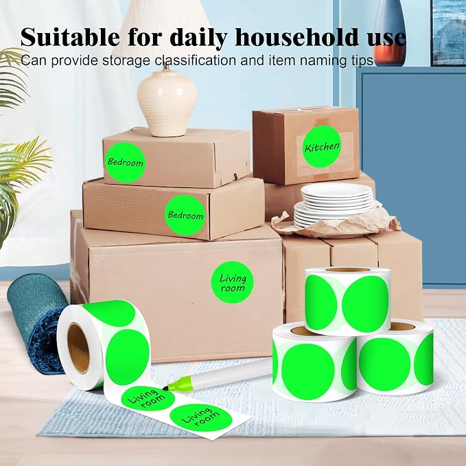 PARLAIM 2 Inch Round Adhesive Color-Code Dot Stickers,4Rolls/2000 per Rolls dots Label Dispenser Box, Circle Stickers Label Inch Coding Labels (Fluorescent Green)