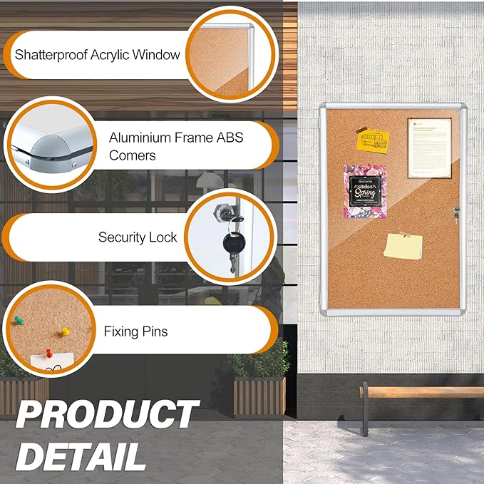 36"x24" Outdoor Enclosed Bulletin Board with Locking Door,Outdoor Bulletin Board Weatherproof Aluminum Frame,Shatter-Resistant Tamper-Proof Display Board Case Cork Board for School, Office, Park