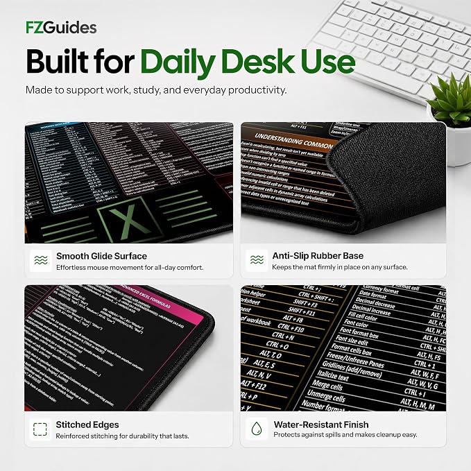 Large Excel Cheat Sheet Desk Pad | Excel Pad Shortcut Keys Mouse Mat - Extended Office Excel Mouse Pad with Excel Shortcuts & Formulas | Waterproof | XL Giant Deskpad for Desk 35.5" x 15.7"