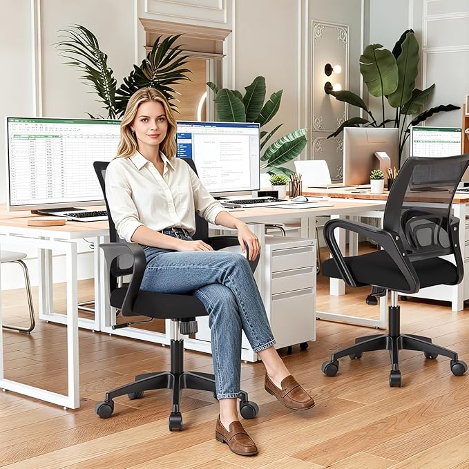 BestOffice | Ergonomic Office Chair | Mid-Back Swivel Desk Chair | Breathable Backrest & Lumbar Support | Adjustable Height | Sponge Seat | Rolling Wheels | Dark Black | for Adults & Women