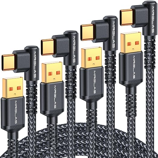 3.2A USB Type C Charger Cable [4-Pack, 90° &Gold-Plated] Fast Charge | 10+6.6+3.3+1.6FT, Right Angle Type C Charger Durable Braided Cord for iPhone 17 16 15 Samsung S10 Note 10 S21 LG -Black