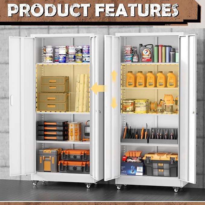 Metal Garage Storage Cabinet with Wheels, Rolling Storage Cabinet with Locking Doors and 4 Adjustable Shelves,- 73" Steel Tool Cabinet for Home Office,Garage,Warehouse，White