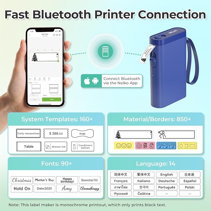 Nelko P21 Label Maker Machine with Tape, Bluetooth Label Printer, Blue | Creative App & Multiple Templates, Inkless Printing, Built-in Cutter, Ideal for School, Teacher Supplies, Office, and Home