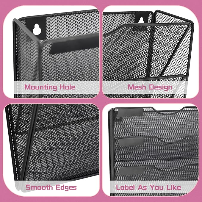 8 Pockets Mesh Wall File Holder Organizer Office Hanging File Folder Magazine Rack, Nametag Label Hooks Set Included (Black)