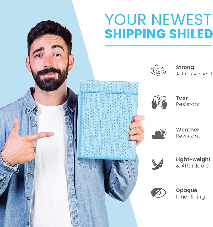 Light Blue Bubble Mailers 9.5x14.5, Poly Padded Envelopes #4, 100 Pack | Fits Books & Magazines, Self-Seal Closure, Cushioned Protection, Water-Resistant Poly, Bulk Pack