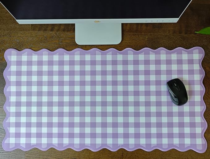 Scalloped‌ Purple Checkered Gingham Desk Mat Cute Pastel Large Mouse Pad Kawaii Cottagecore ‌Vintage‌ Girly Laptop Keyboard Computer Mat Pad Aesthetic Cozy Office Desk Decor for Women