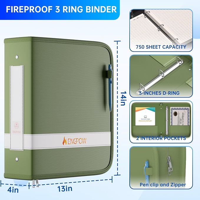 ENGPOW 3 Ring Binder,Fireproof 3" D Ring Organizer with Zipper & Pockets | Holds 750 Sheets,Non-Stick,PVC-Free,Compatible with Sheet Protectors,Durable School Office Home Safe Storage for Paper,Green
