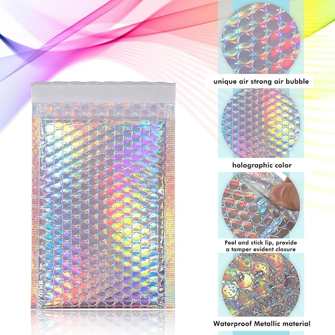 50 Pieces Bubble Mailers 3 Sizes Self Seal Adhesive Poly Mailers Metallic Foil Glitter Padded Shipping Bubble Envelopes for Valentine Mailing Packing Small Business (Rainbow Color)