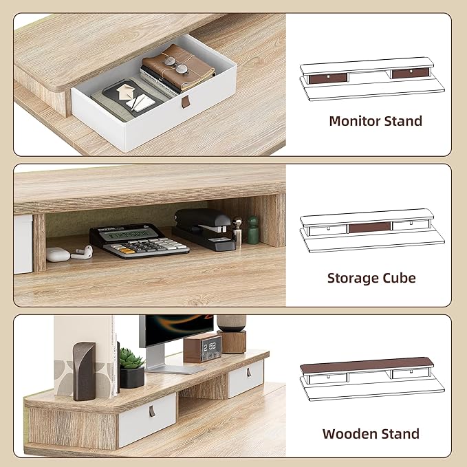 TIQLAB 48 * 24 inch Standing Desk with Two Drawers&Top Shelf, Maple | Smooth Height Adjustment, 2 Memory Presets, One-Touch Control, Stable Steel Frame, 176 lbs Capacity, Easy Assembly